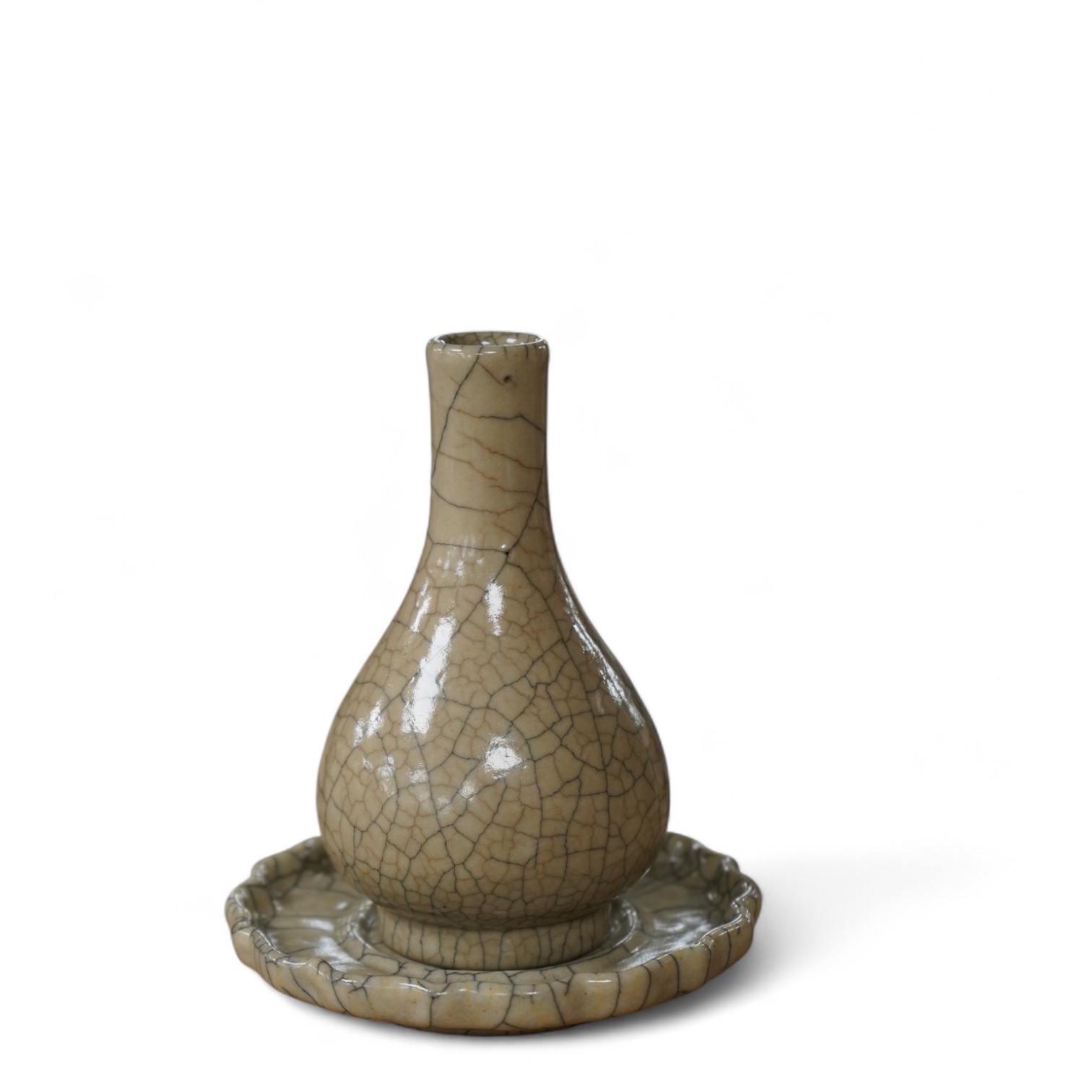 A Chinese crackle glaze bottl vase and similar stand, vase 15cm
